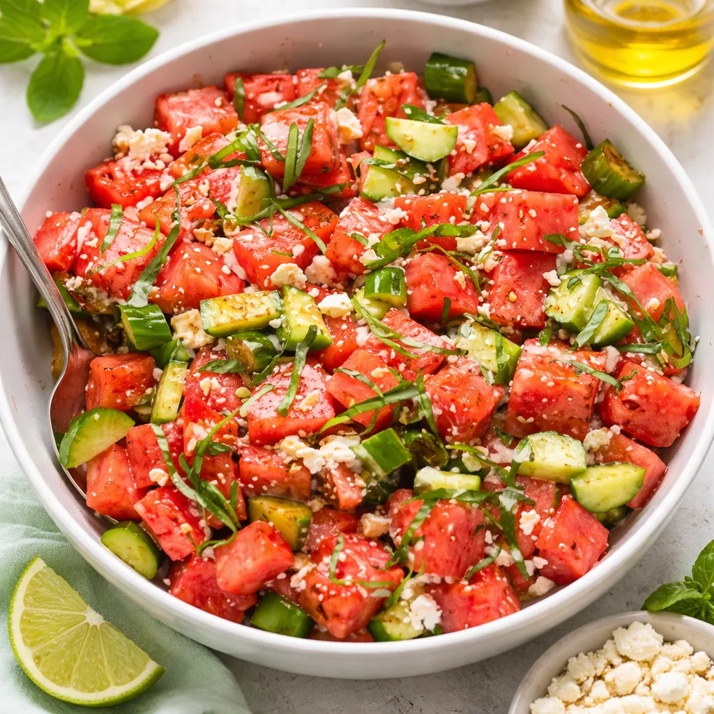 Watermelon cucumber salad recipe with feta cheese, fresh basil, and balsamic dressing served on a white plate