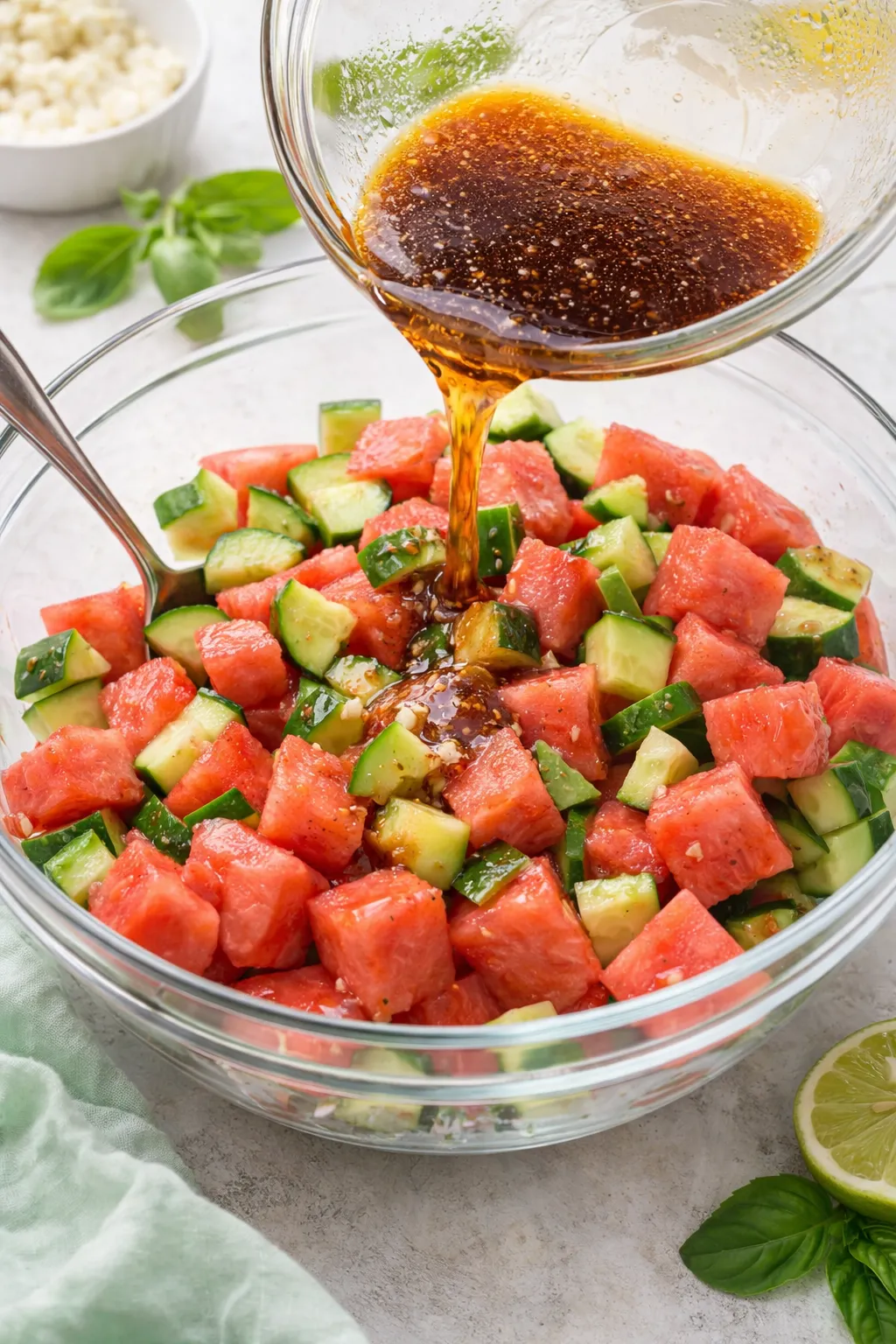 watermelon-cucumber-salad-step-2-add-dressing. (1) This step shows balsamic dressing being poured over cubed watermelon and chopped cucumber in a bowl. This process helps coat the ingredients evenly and builds flavor for a fresh and easy watermelon cucumber salad recipe.