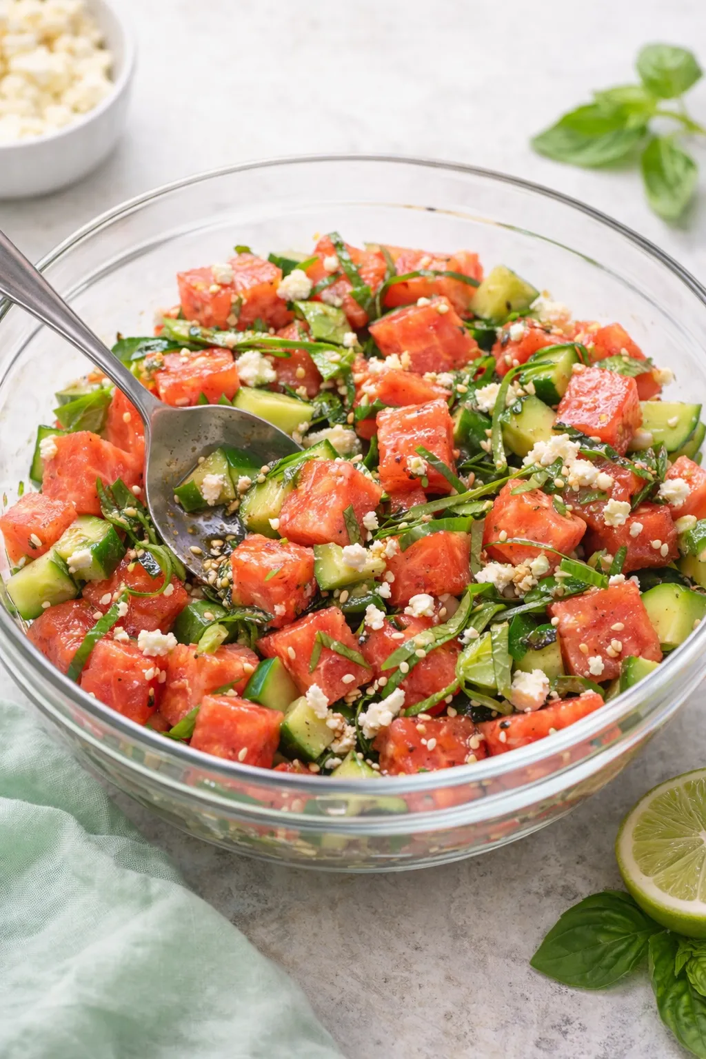 watermelon-cucumber-salad-step-3-mixing. Mixing watermelon cucumber salad with feta and basil in a glass bowl