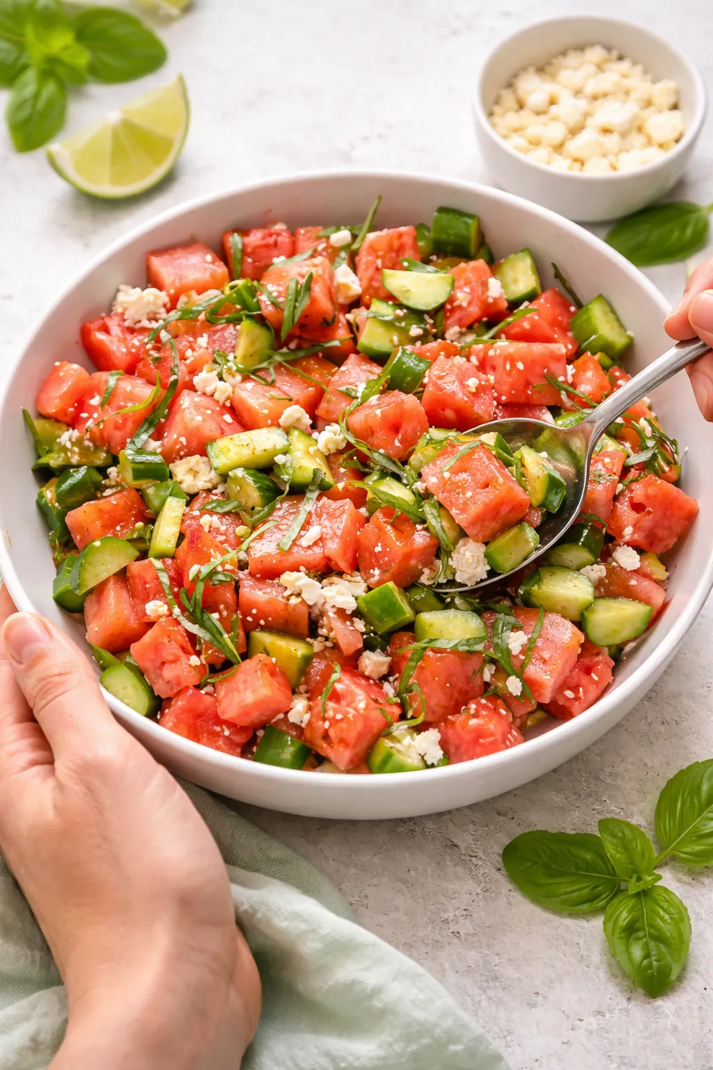 watermelon-cucumber-salad-step-4-serving. (1) Serving watermelon cucumber salad with feta and basil in a white bowl