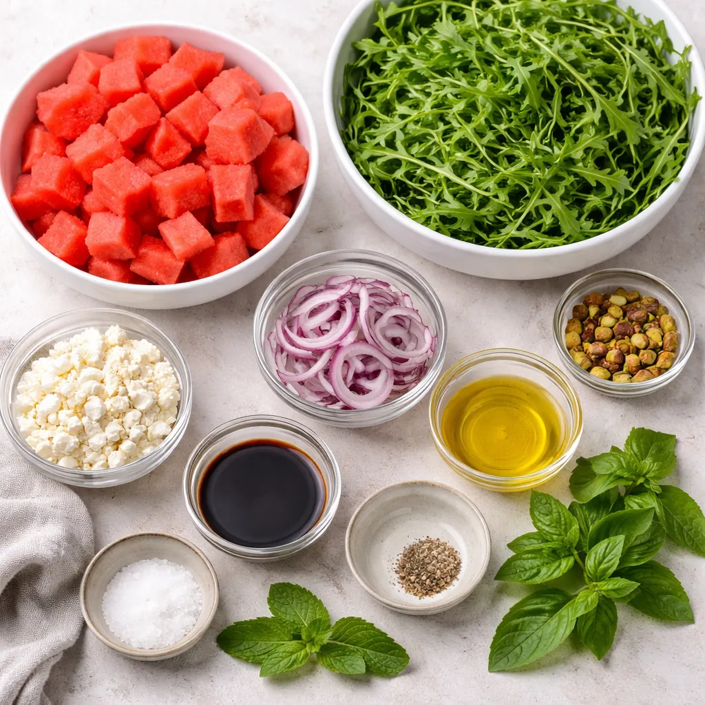 watermelon-feta-arugula-salad-ingredients. Ingredients for watermelon feta arugula salad recipe including watermelon cubes, arugula, feta cheese, red onion, olive oil, and balsamic vinegar