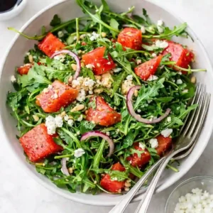 Watermelon Feta Arugula Salad Recipe Fresh Crisp Summer Hit 1 Watermelon feta arugula salad recipe served on a modern plate with fresh greens, feta cheese, and juicy watermelon cubes
