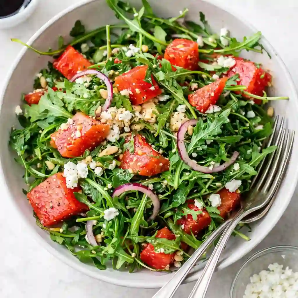 Watermelon feta arugula salad recipe served on a modern plate with fresh greens, feta cheese, and juicy watermelon cubes