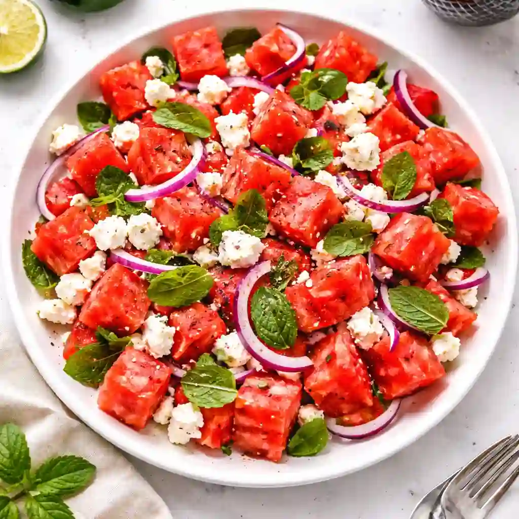 Watermelon feta salad recipe with mint and red onion served on a white plate