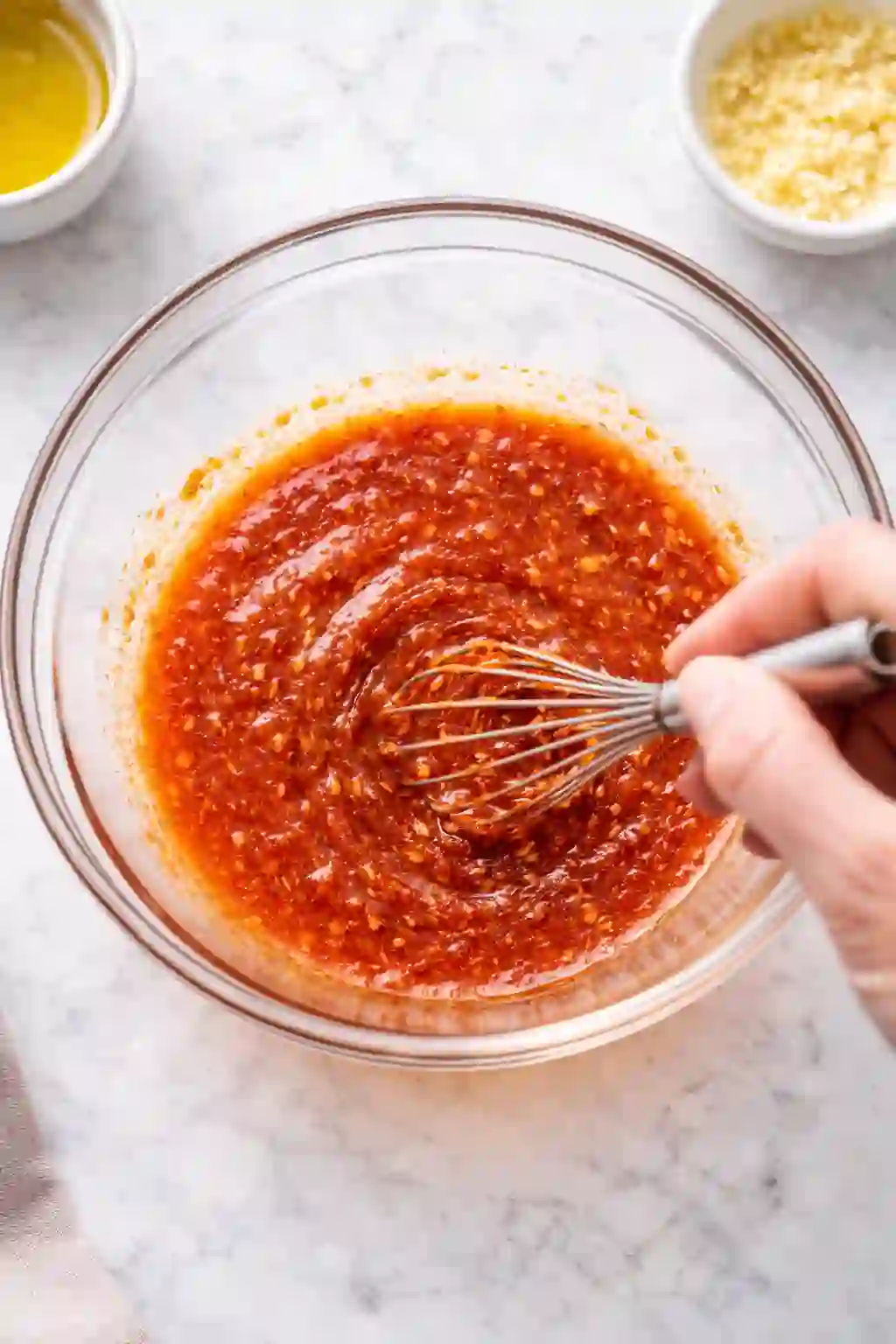 Whisking harissa lemon garlic dressing in a bowl for dense bean salad