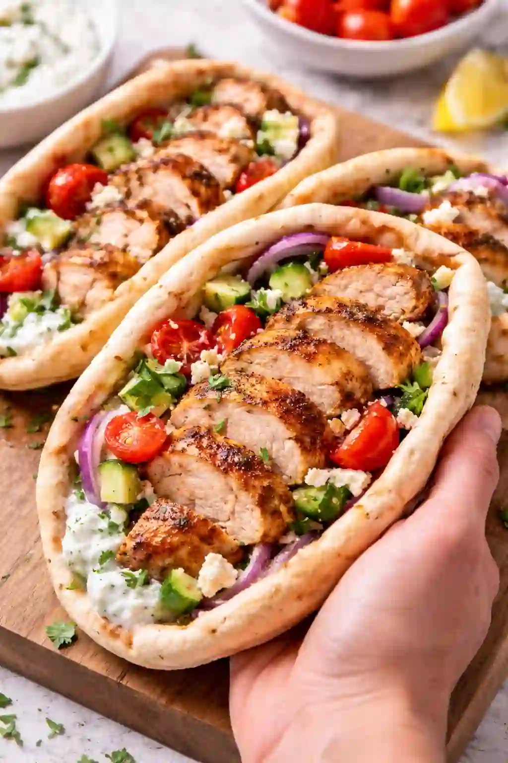 BBQ chicken pita being assembled with tzatziki, tomatoes, cucumber, red onion, and feta in bright light.