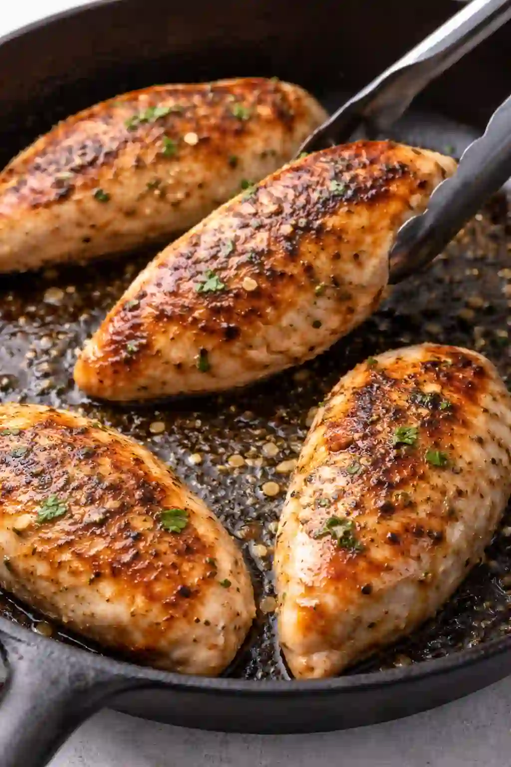 Chicken breasts cooking in a skillet with golden brown sear and herbs in bright light.