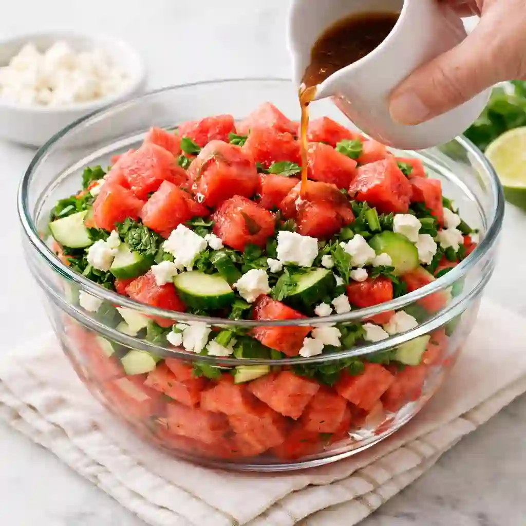 Pouring fresh dressing over watermelon salad with cucumber, feta, and herbs just before serving