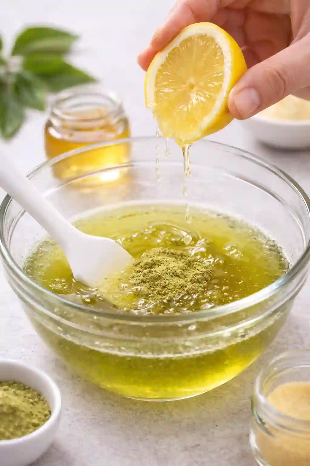 Adding lemon juice and matcha to green tea gelatin mixture for weight loss recipe