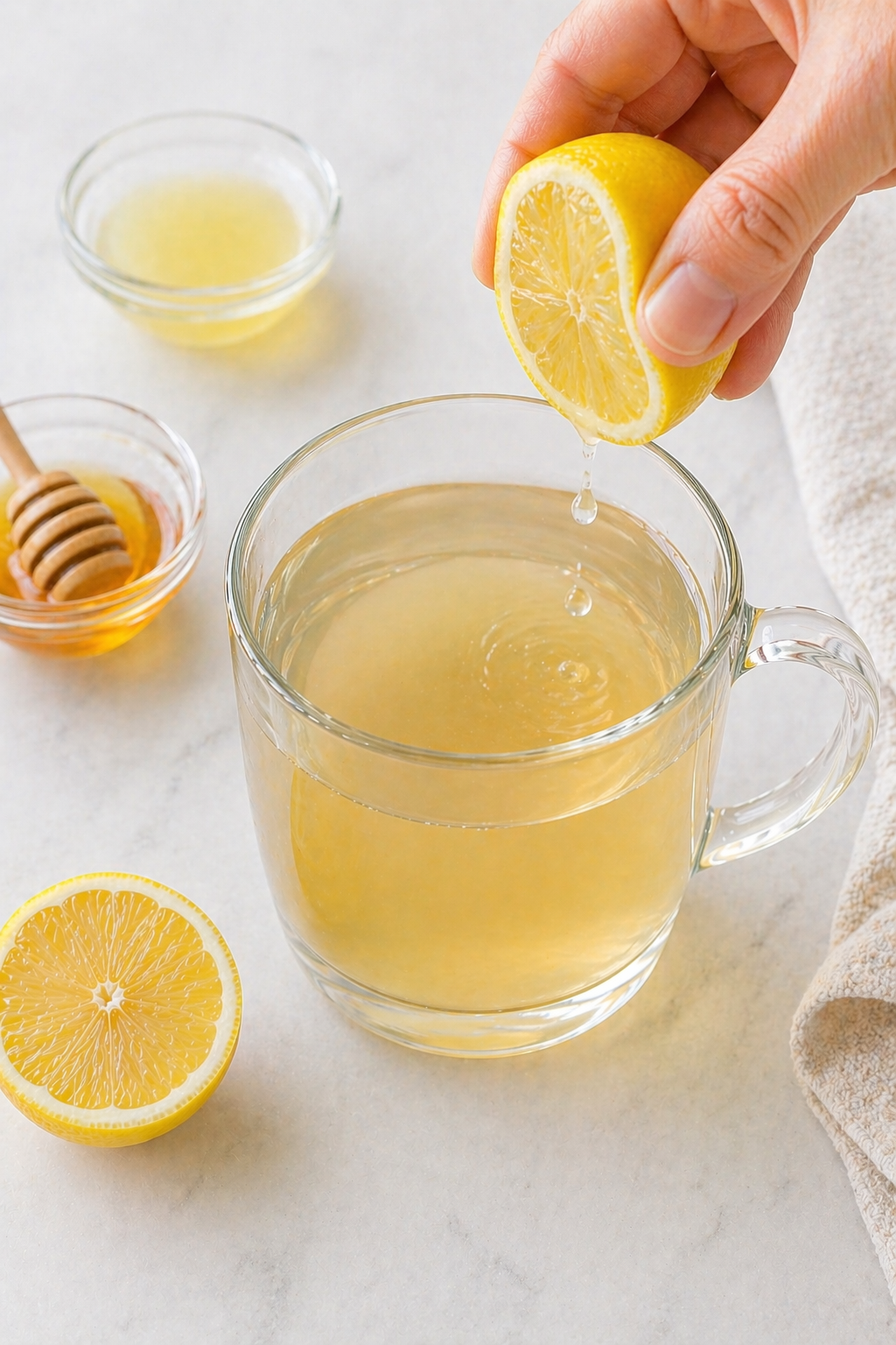 Squeezing fresh lemon juice into gelatin drink in clear glass cup