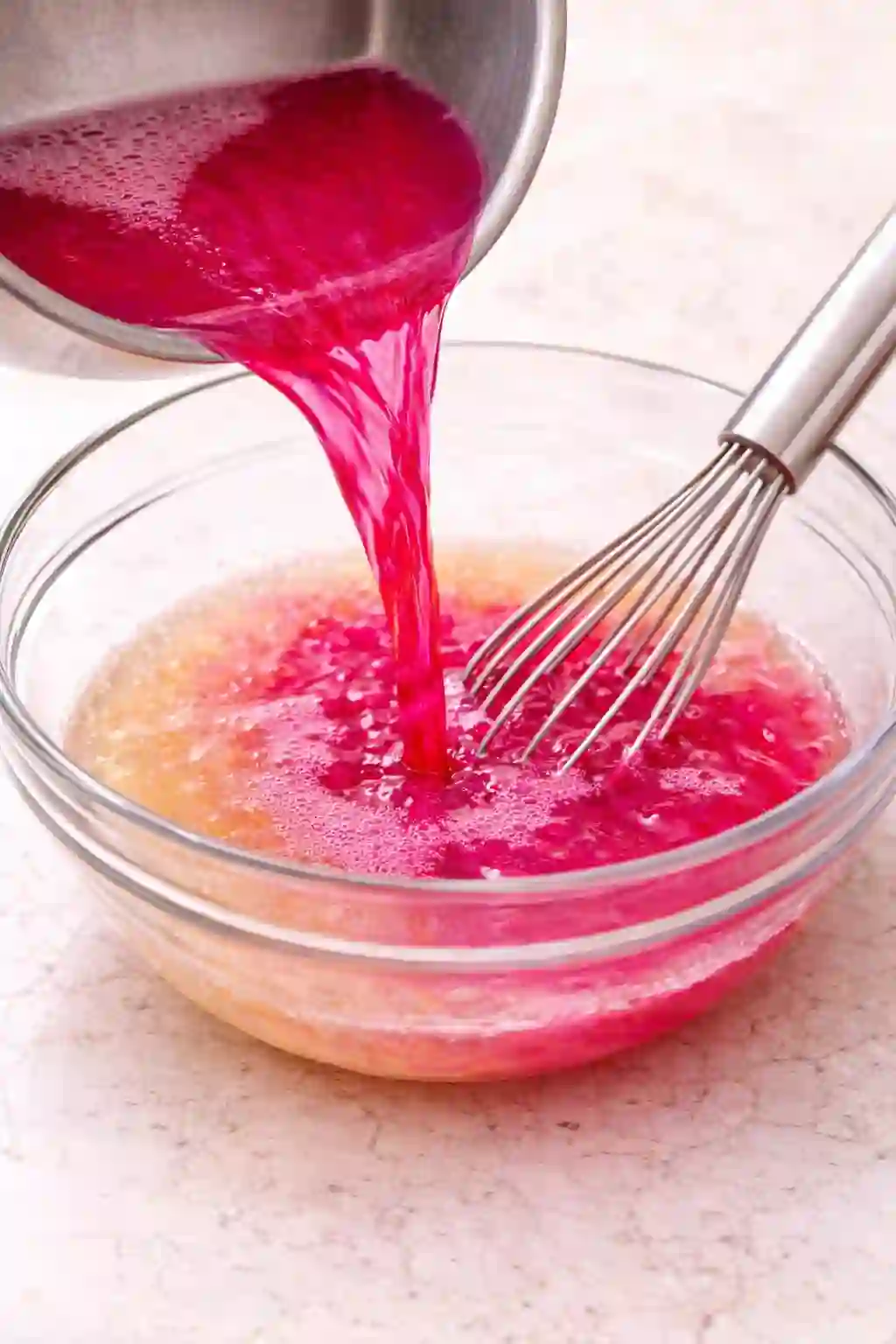 Pouring pink juice into bloomed gelatin mixture in a glass bowl for pink gelatin recipe