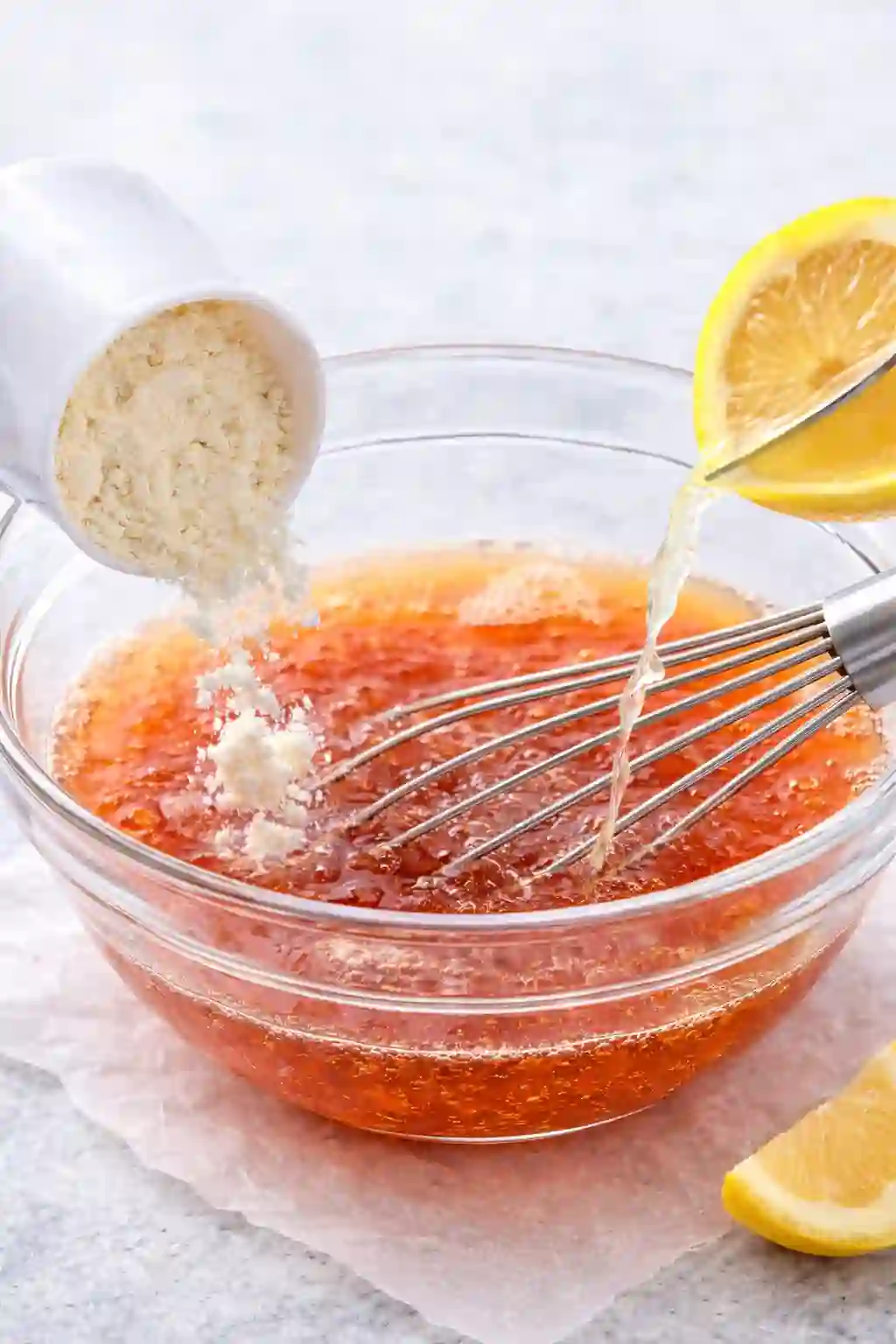 Adding protein powder and lemon juice to warm gelatin mixture while whisking for bariatric gelatin recipe