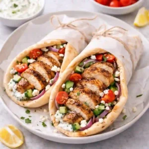 BBQ chicken pita wraps served on a white plate with tzatziki, fresh vegetables, and feta in bright light.