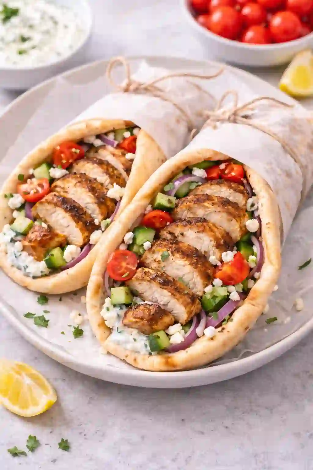 BBQ chicken pita wraps served on a plate with tzatziki, fresh vegetables, and feta in bright natural light.