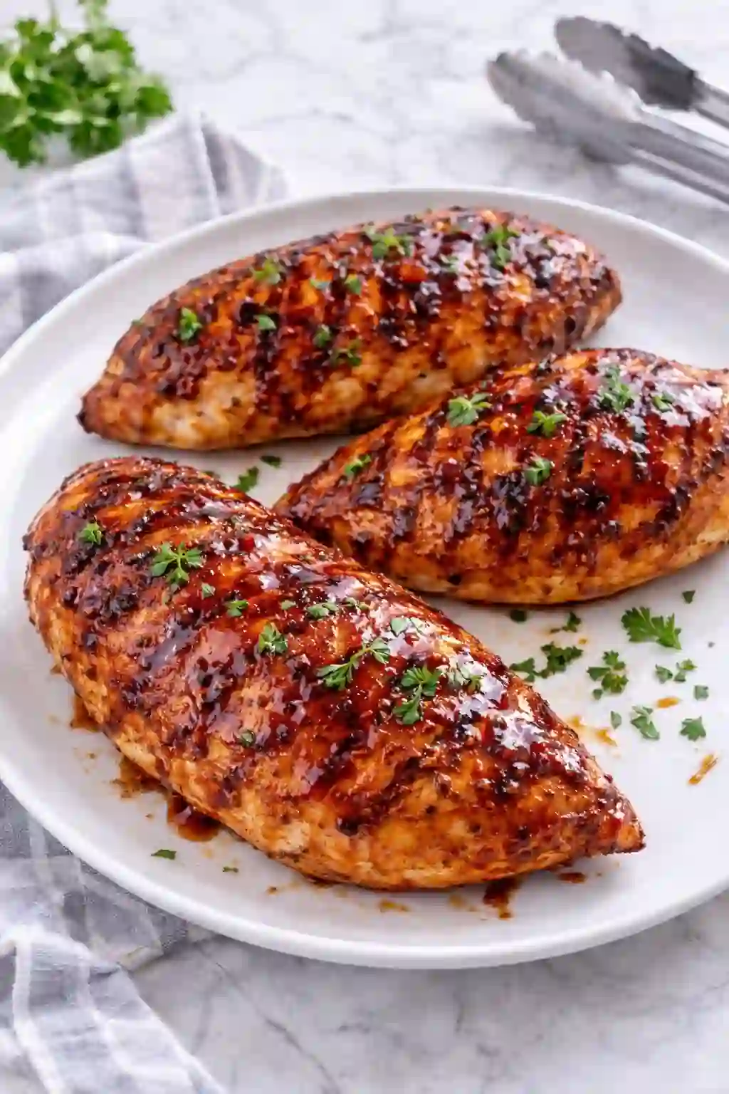BBQ chicken recipe finished grilled chicken breasts with sauce served on white plate