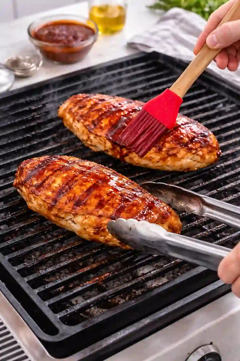 BBQ chicken recipe grilling chicken breasts with thick sauce being brushed on grill