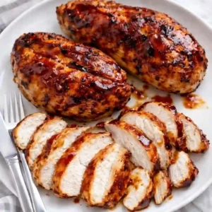 BBQ chicken recipe juicy chicken breast sliced on white plate with sauce fork and knife