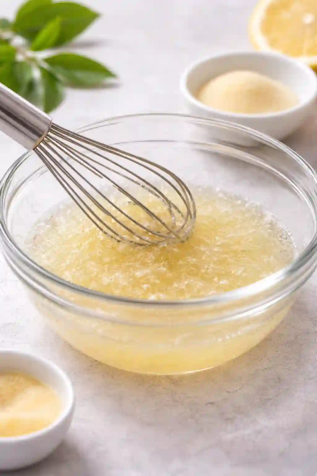 Blooming gelatin in a glass bowl with cold water for green tea gelatin recipe for weight loss