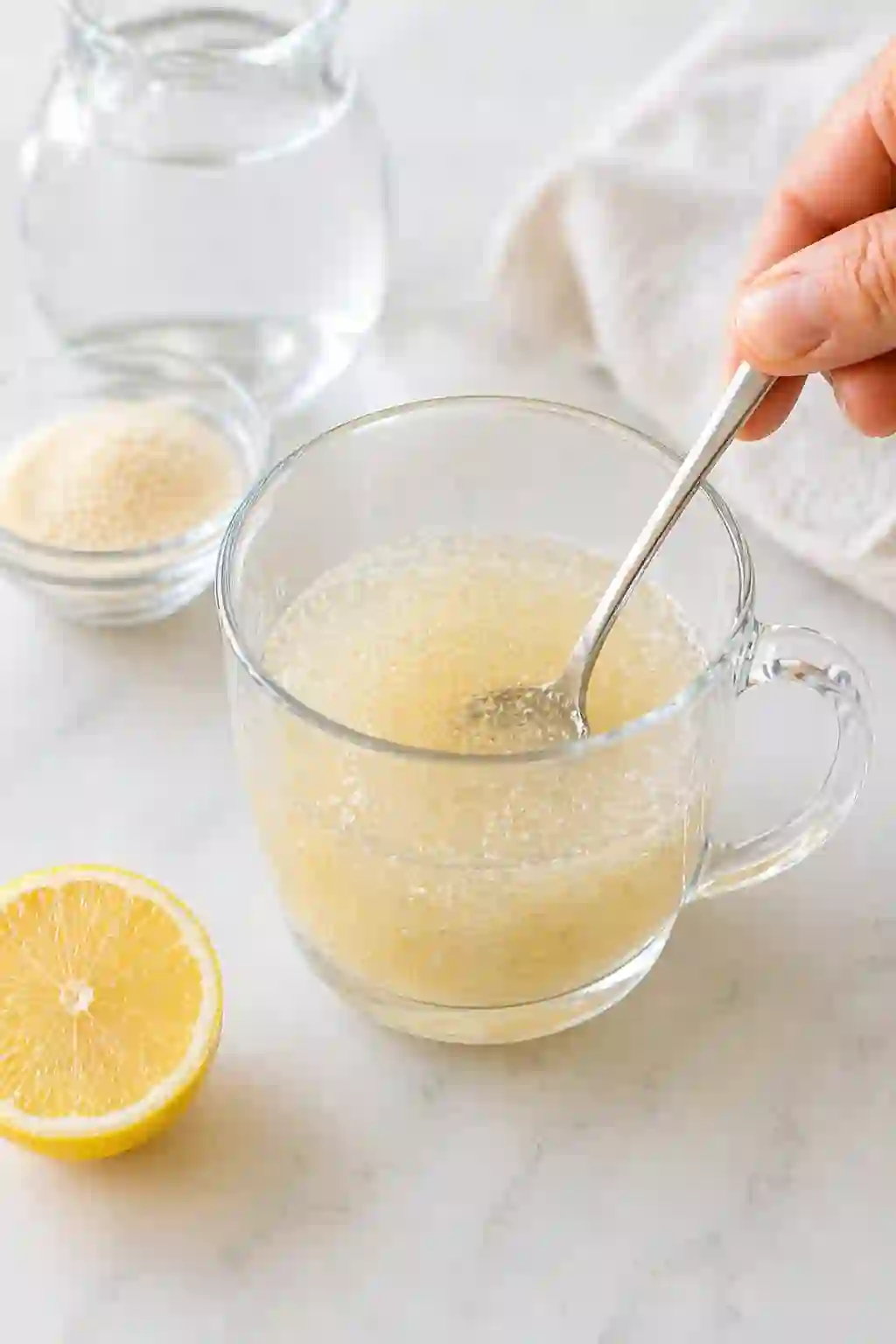 Bloomed gelatin in cold water showing thick sponge texture in glass cup