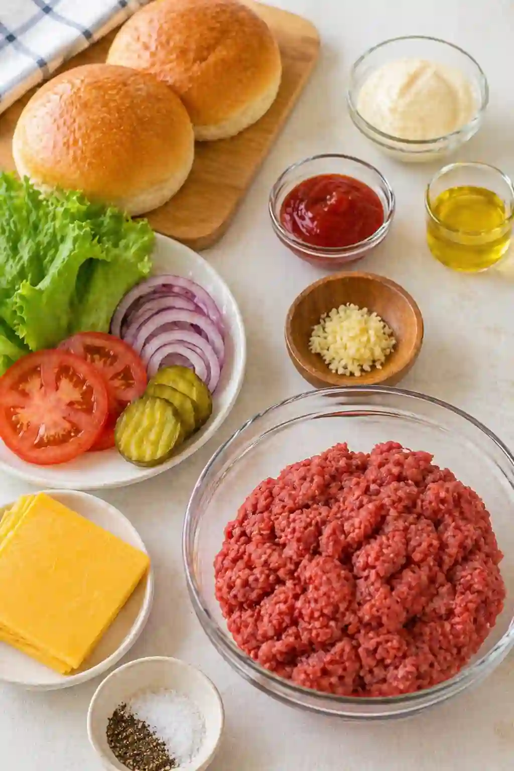 Burger recipes step 1 fresh ingredients prepared on counter with ground beef buns and toppings