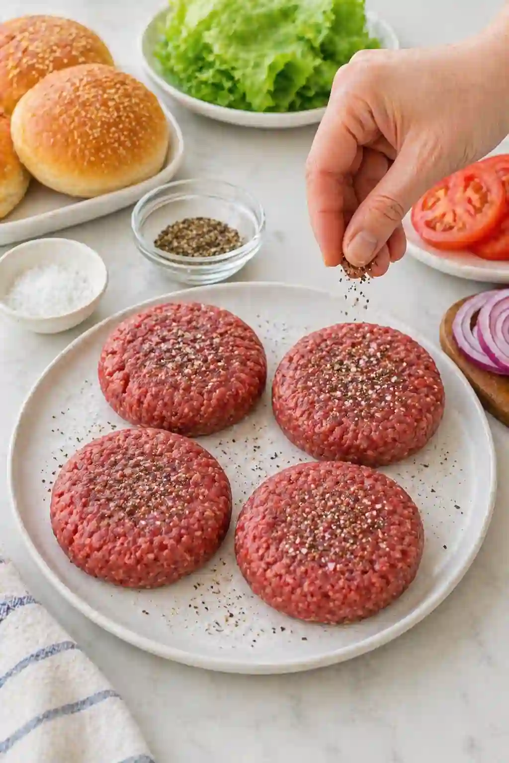 Burger recipes step 3 seasoning raw beef patties with salt and pepper