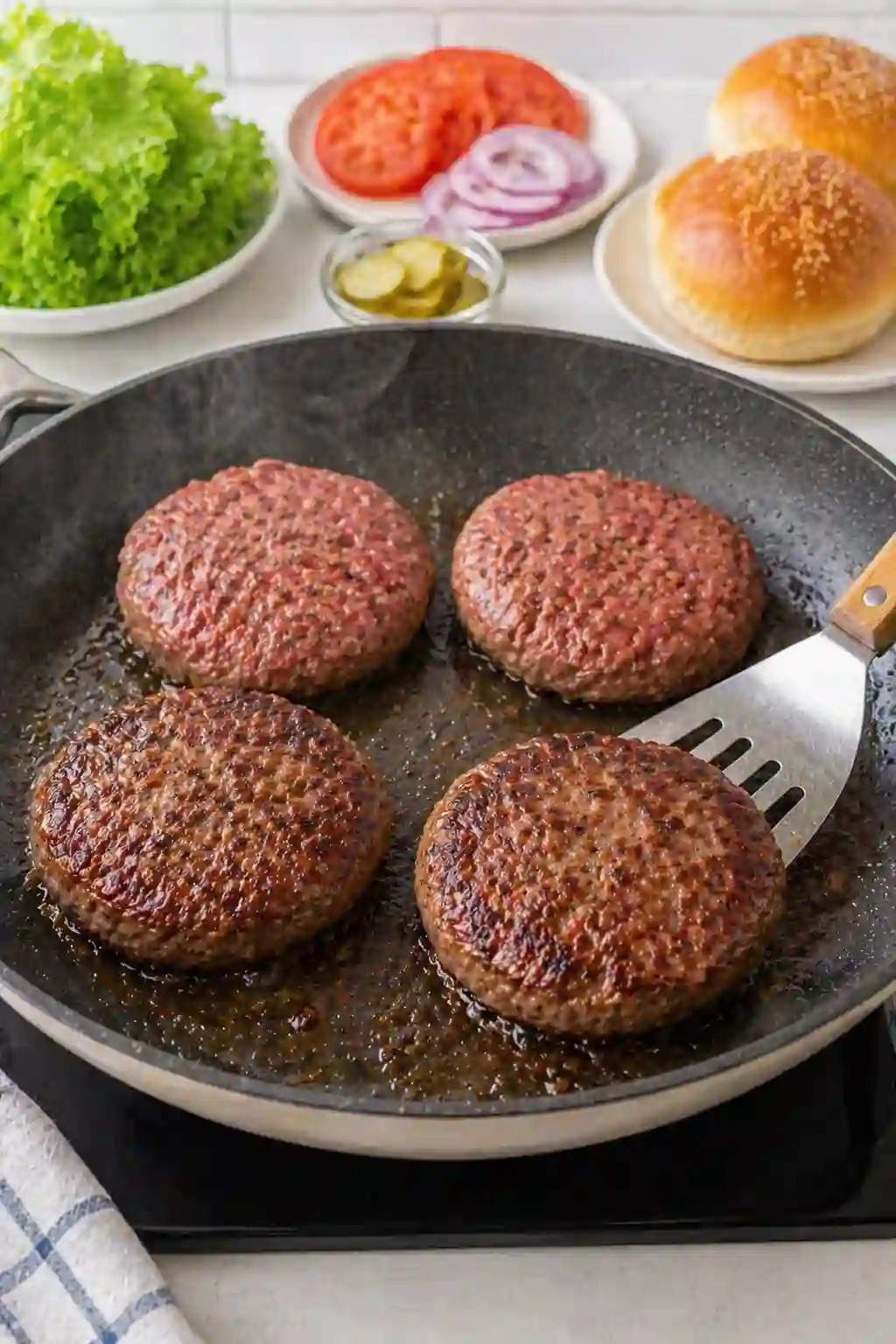 Burger recipes step 4 cooking beef patties in skillet with sear