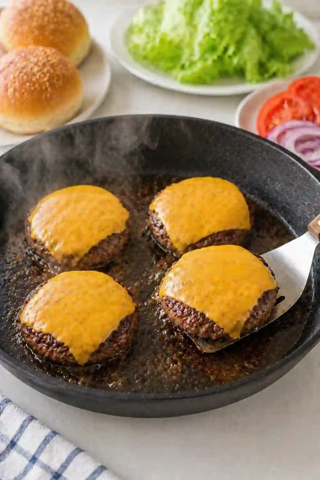 Burger recipes step 5 melted cheese on cooked beef patties in skillet