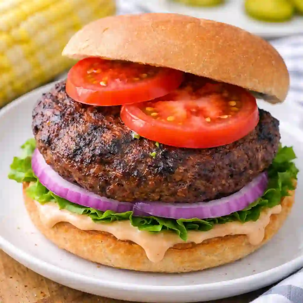 bright classic hamburger on white plate with lettuce tomato onion and creamy sauce