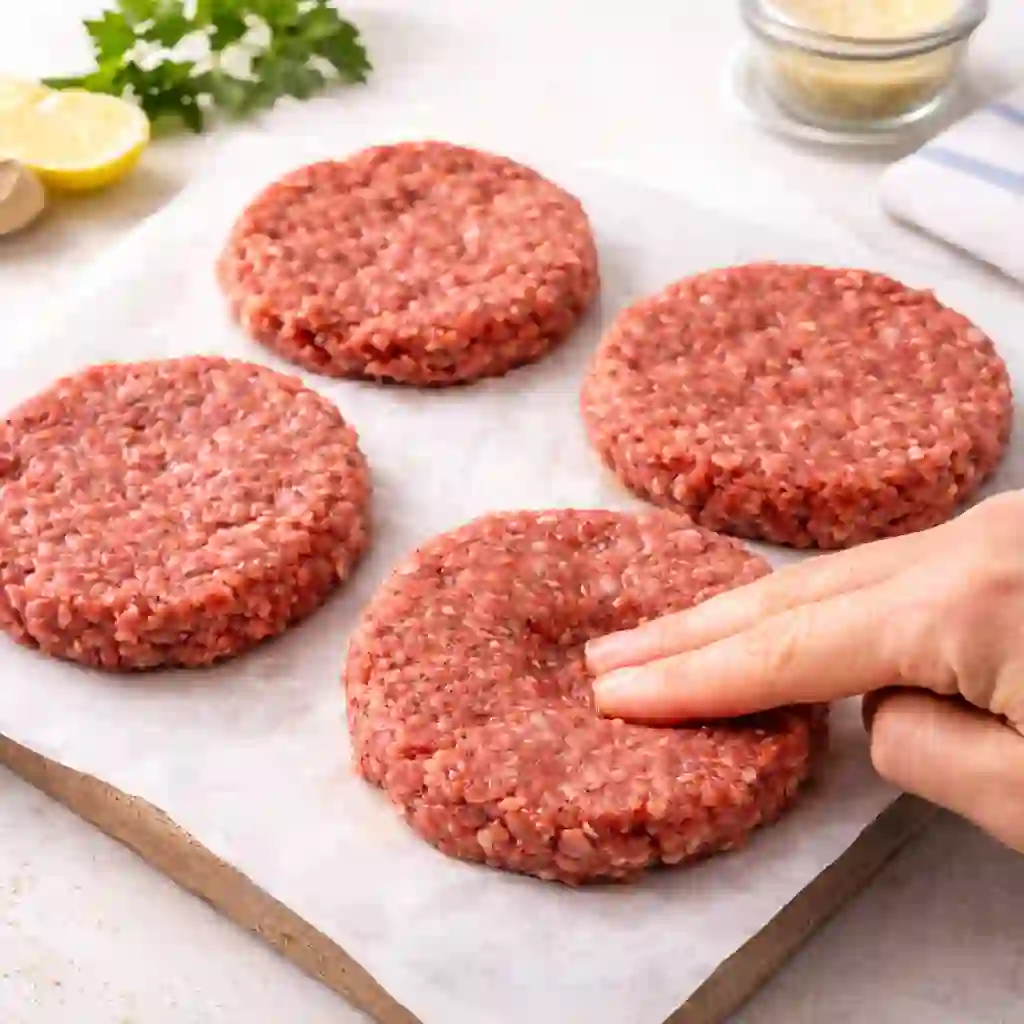  shaping raw hamburger patties with thumb indent on parchment paper