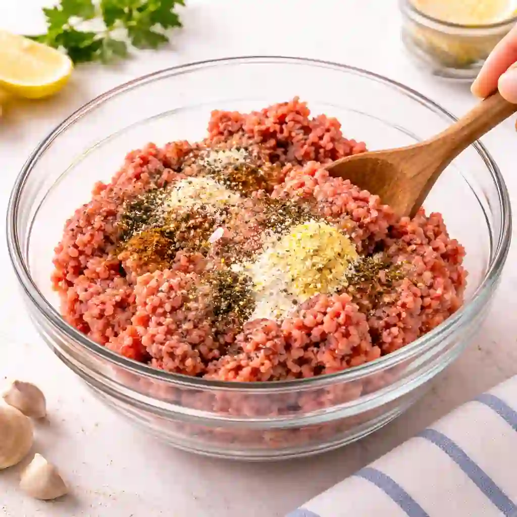  mixing ground beef and seasoning in bowl for classic hamburger patty recipe