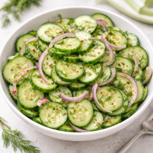 Fresh cucumber salads recipes in a white bowl with sliced cucumbers, red onion, and dill, showing a crisp and healthy summer side dish