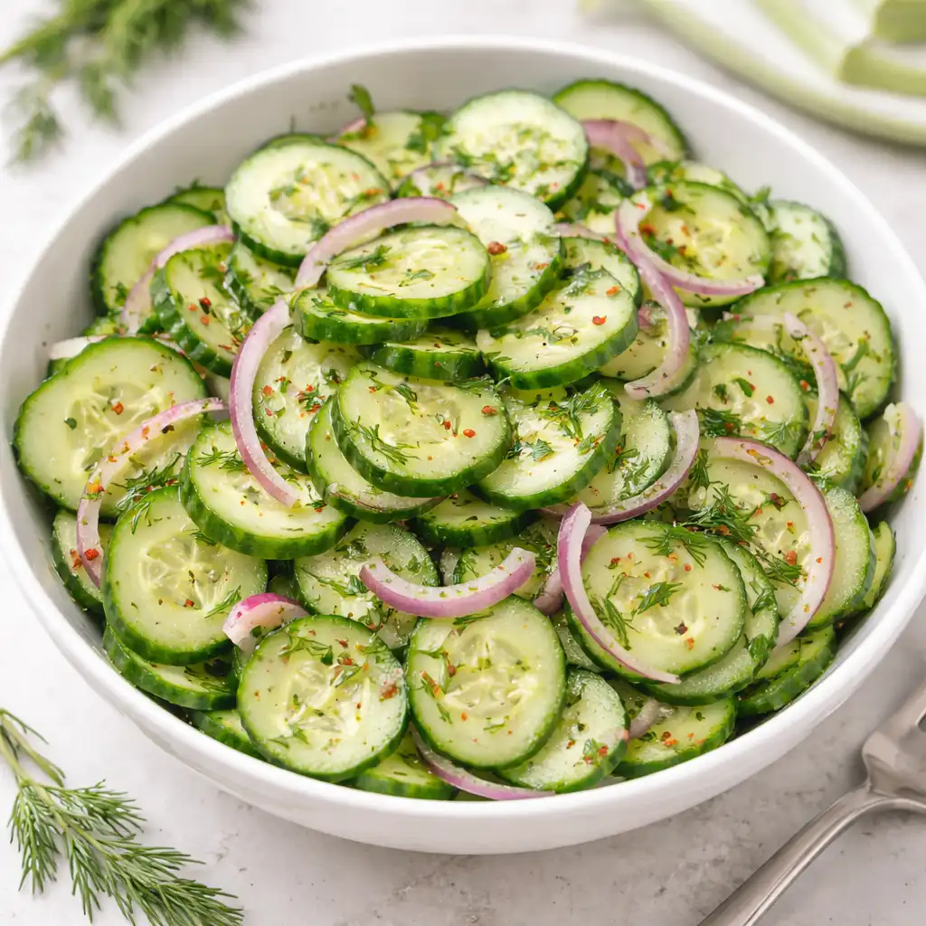 Fresh cucumber salads recipes in a white bowl with sliced cucumbers, red onion, and dill, showing a crisp and healthy summer side dish