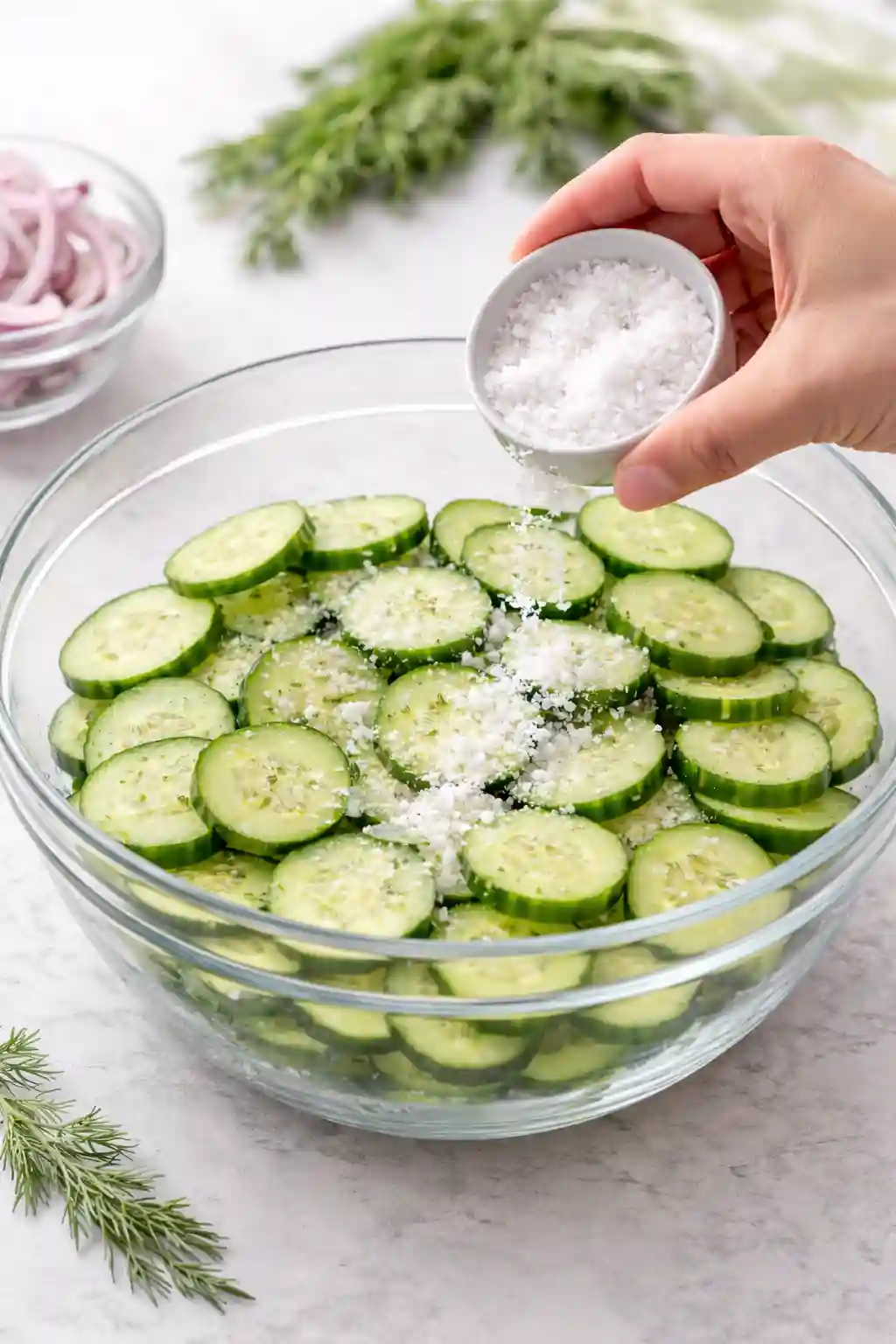 Vertical image of salting sliced cucumbers in a bowl to remove moisture for cucumber salads recipes