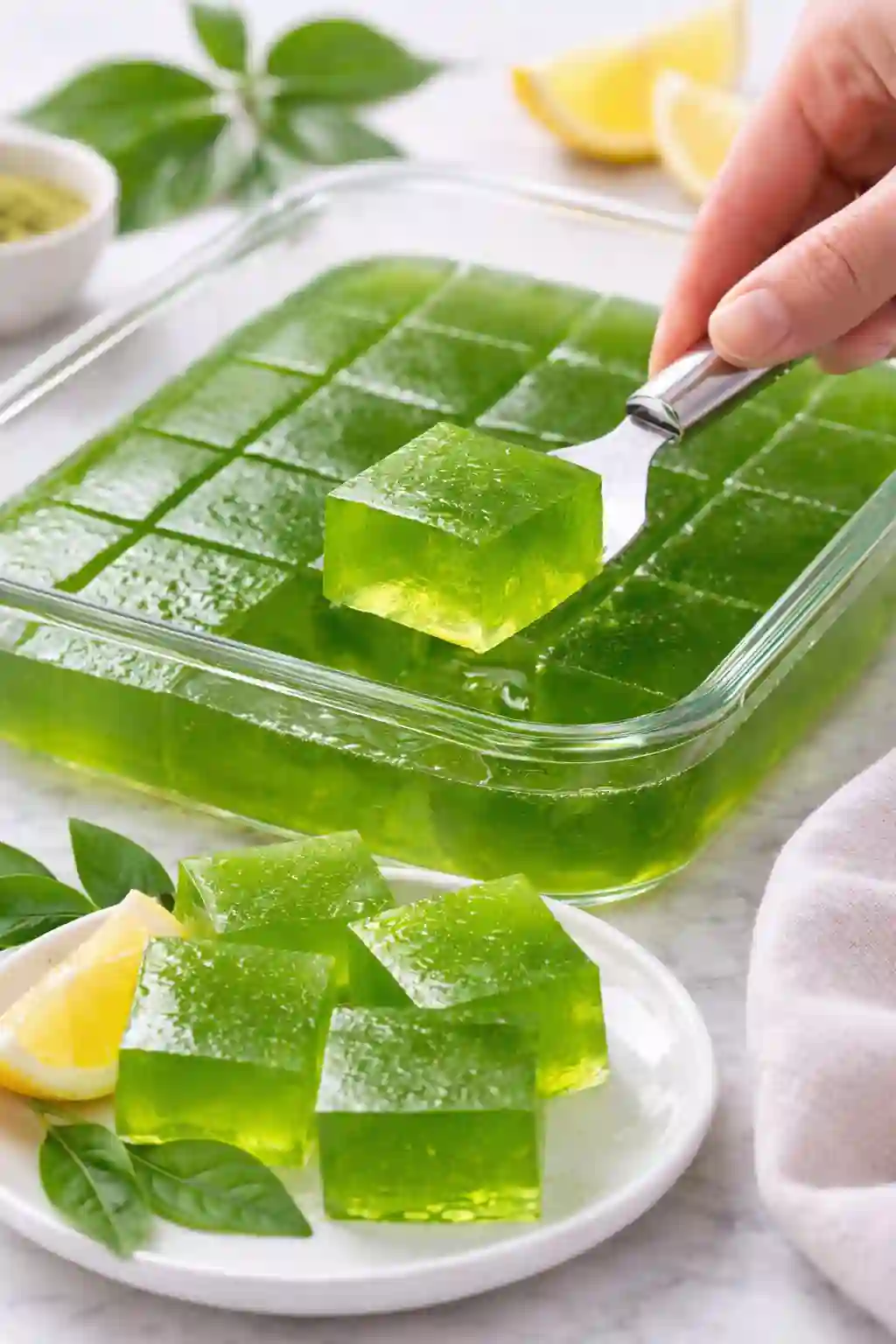 Bright green tea gelatin cubes cut and served on a plate for weight loss recipe
