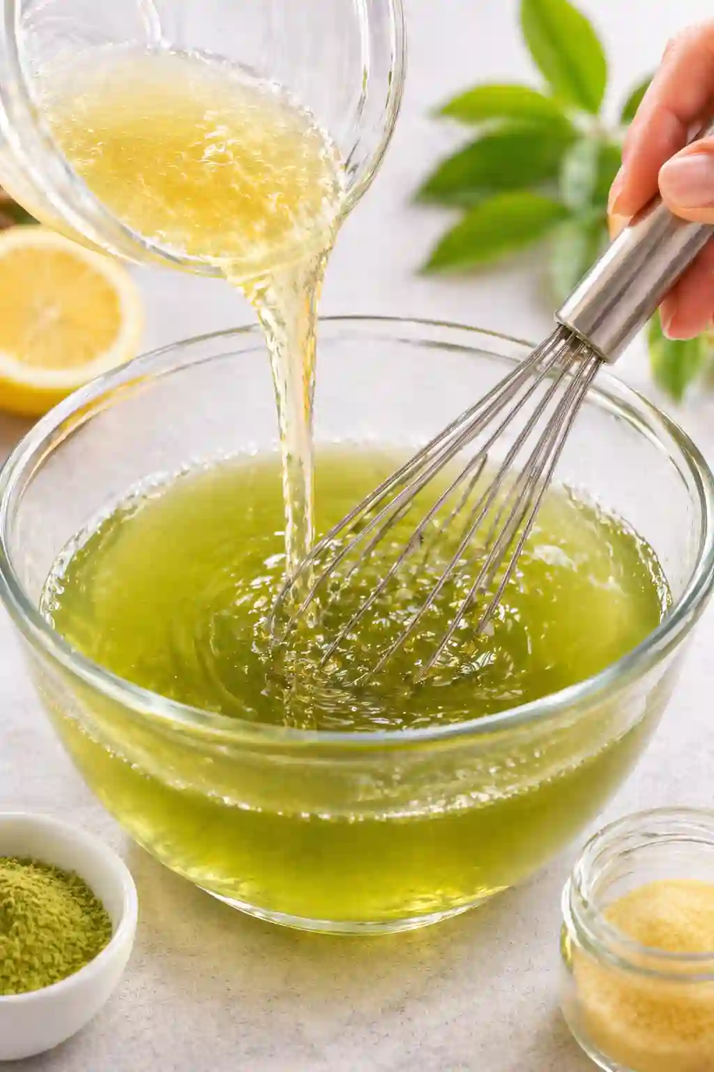 Mixing dissolved gelatin into warm green tea in a bowl for green tea gelatin recipe for weight loss