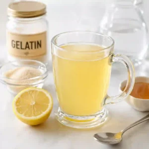 Dr Gupta gelatin recipe for weight loss drink in clear glass with lemon and gelatin powder