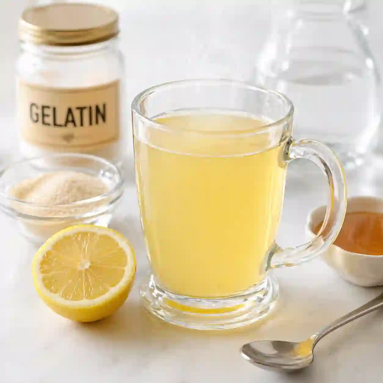 Dr Gupta gelatin recipe for weight loss drink in clear glass with lemon and gelatin powder