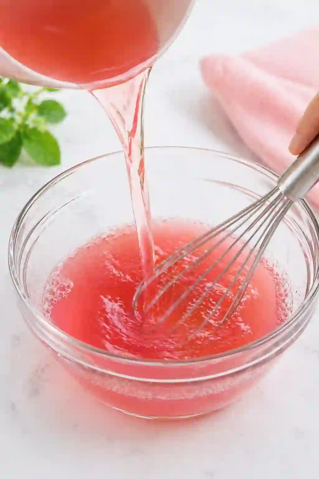 Dissolving gelatin with hot liquid in a bowl for Dr Oz pink gelatin recipe for weight loss until smooth and glossy