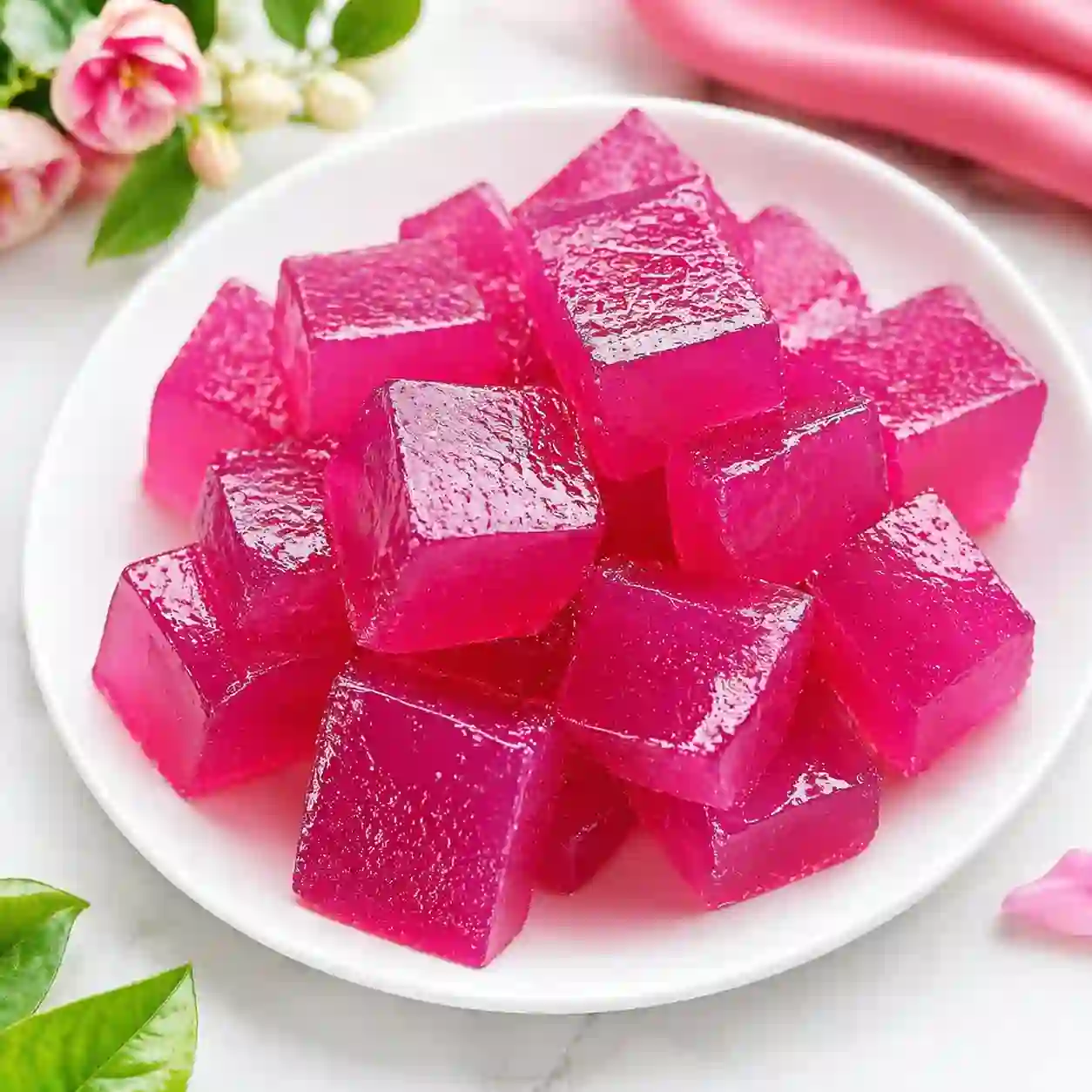 Dr Oz pink gelatin recipe for weight loss served as bright pink cubes on a white plate
