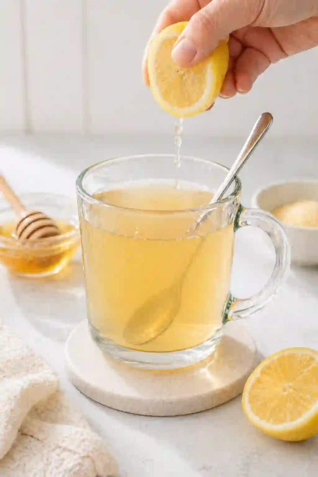 Adding fresh lemon juice to gelatin drink for Dr William Li gelatin recipe for weight loss in a clear glass mug