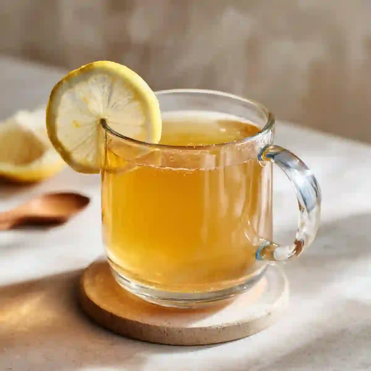 Dr William Li gelatin recipe for weight loss served as a warm lemon drink in a clear glass mug