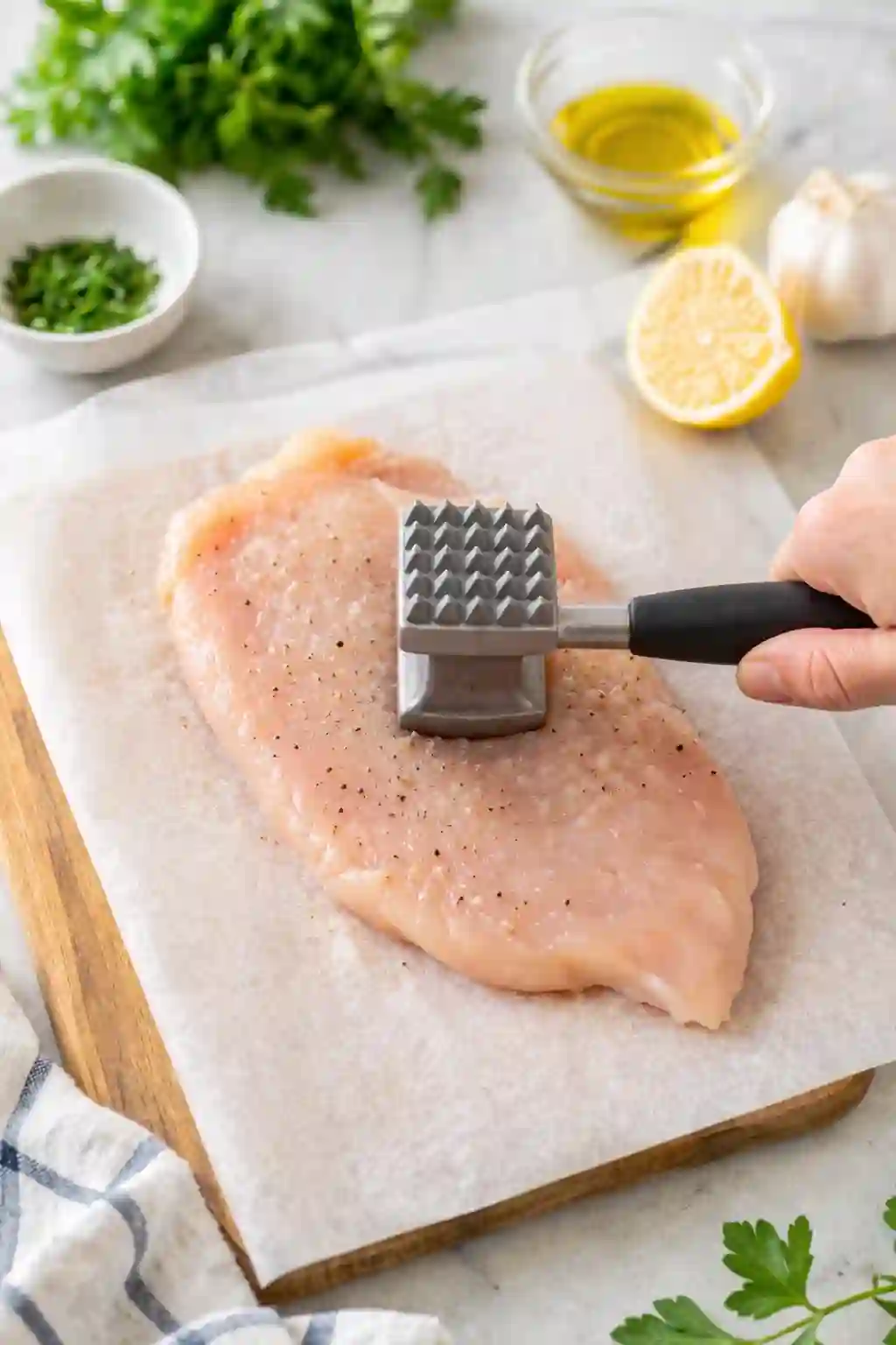 Flattening chicken breast with a meat mallet on a cutting board for even thickness