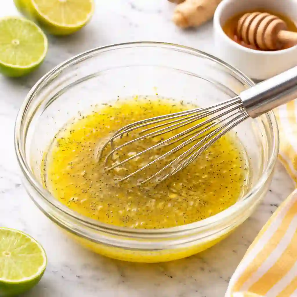 Whisking honey lime fruit salad dressing in a glass bowl with lime zest and poppy seeds on a bright kitchen surface