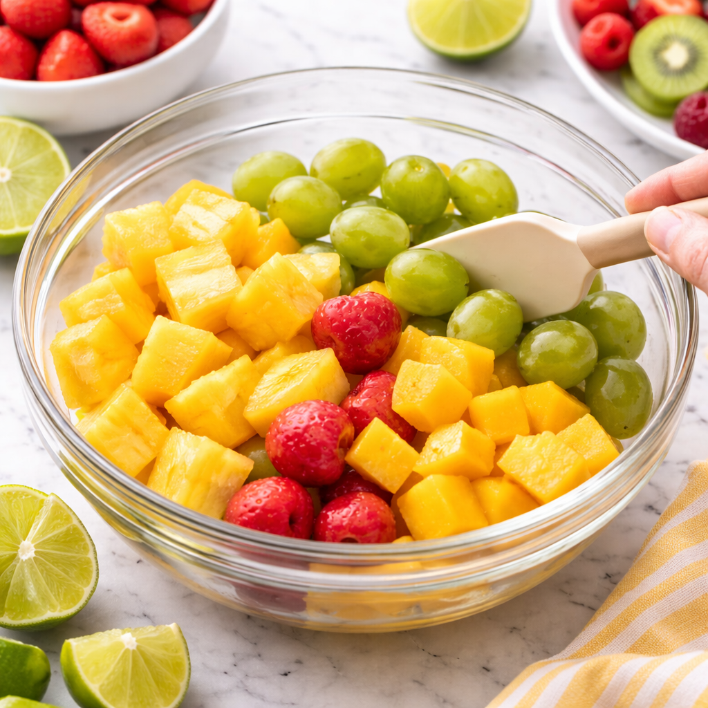 Adding sturdy fruits like pineapple, grapes, and mango into a glass bowl for fruit salad on a bright kitchen surface