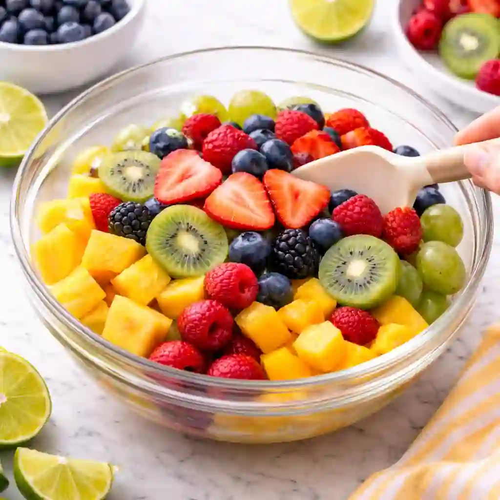 Adding softer fruits like strawberries kiwi blueberries and raspberries into a fresh fruit salad bowl on a bright surface