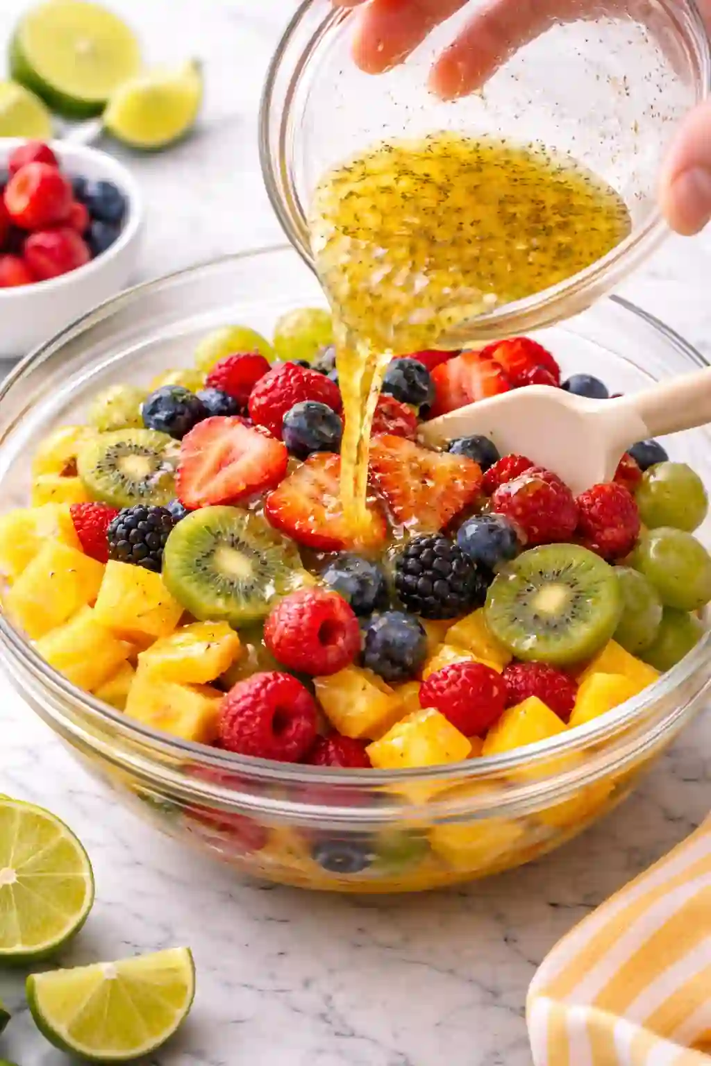 Pouring honey lime dressing over fresh fruit salad and gently mixing with a spatula in a glass bowl on a bright surface