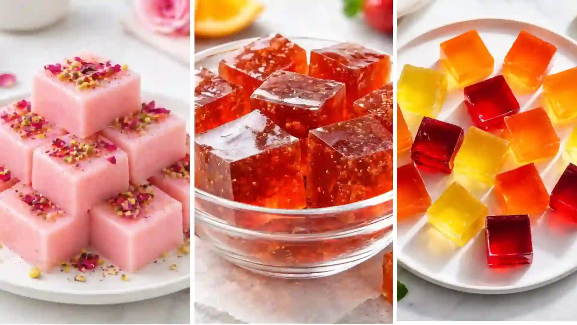 Colorful gelatin cubes for weight loss recipes on plates and bowl, low calorie healthy dessert options