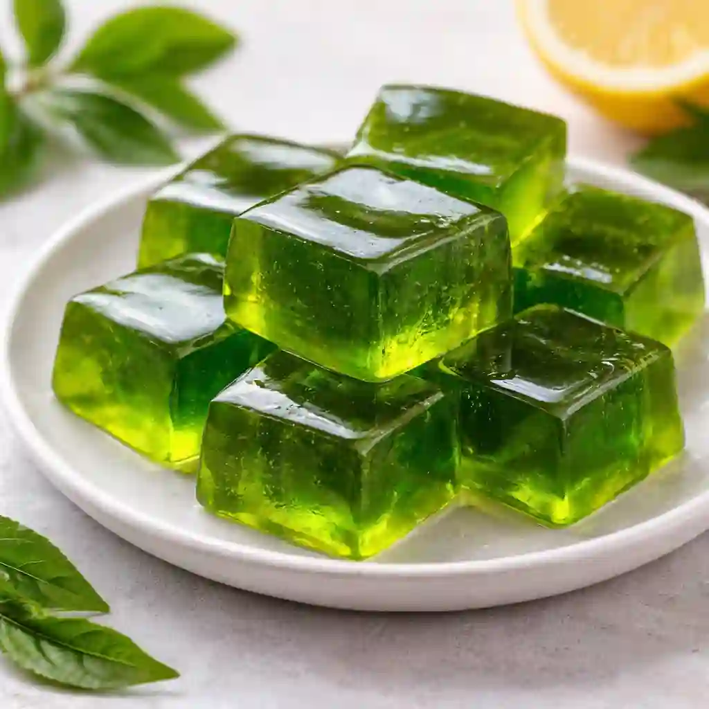 Green tea gelatin recipe for weight loss cubes served on a white plate with lemon and fresh tea leaves