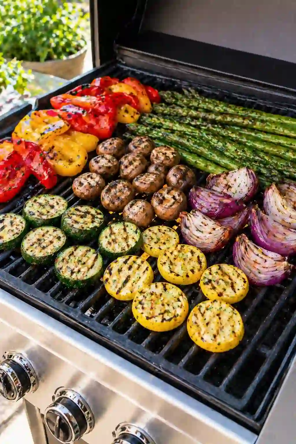 Grilling mixed vegetables like peppers mushrooms zucchini and asparagus on a gas grill