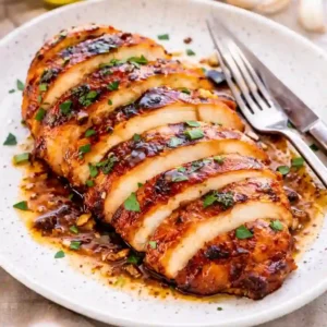 Sliced grilled chicken with glaze served on a white plate with fork and knife in bright natural lighting.